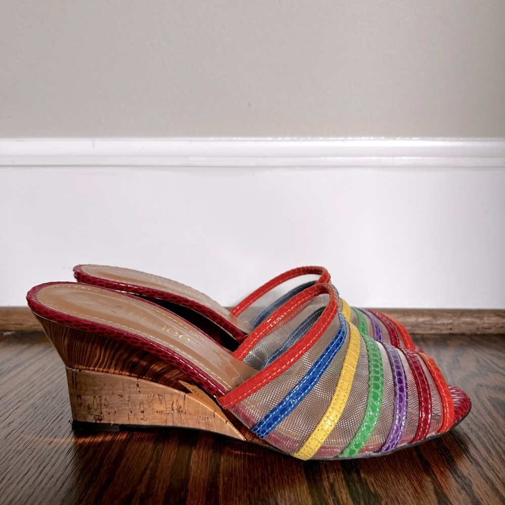 J. Renee Fran Fine style wedge sandals with gold inlet. Unworn.